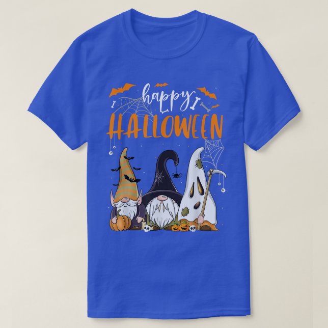 Three Gnomes Happy Halloween Pumpkin Skull Spider  T-Shirt (Design Front)