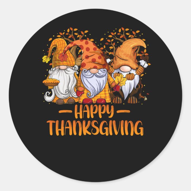 Three Gnomes Happy Thanksgiving Autumn Fall Pumpki Classic Round Sticker (Front)