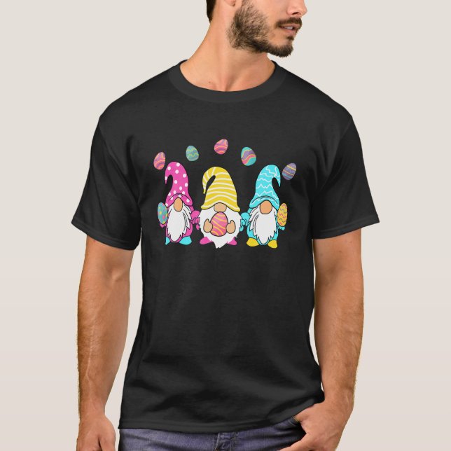 Three Gnomes Holding Egg Bunny Rabbit Happy Easter T-Shirt (Front)
