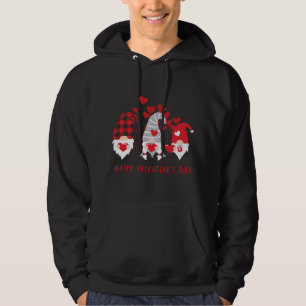 Three Gnomes Holding Heart Red Plaid Happy Valenti Hoodie