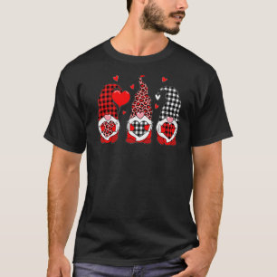 Three Gnomes Holding Leopard Heart Red Plaid Valen T-Shirt
