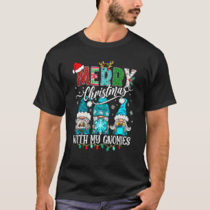 Three Gnomes Holding Merry Christmas Leopard Plaid T-Shirt
