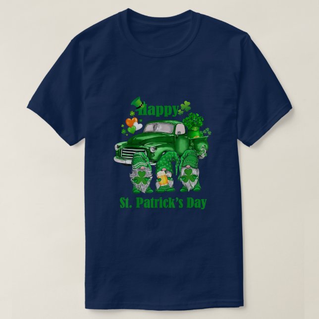 Three Gnomes Holding Shamrock & Beer Truck St Patr T-Shirt (Design Front)