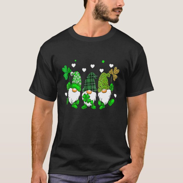 Three Gnomes Holding Shamrock Leopard Plaid St Pat T-Shirt (Front)