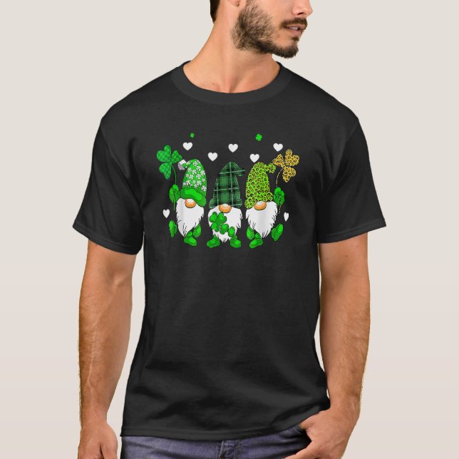 Three Gnomes Holding Shamrock Leopard Plaid St Pat T-Shirt (Front)