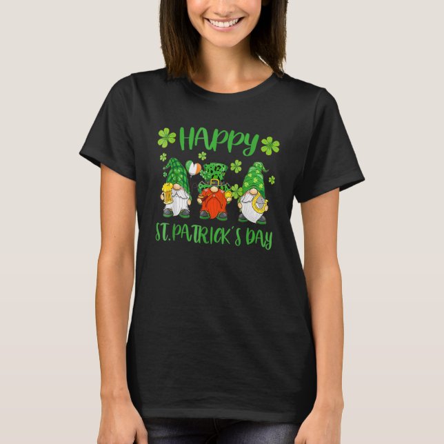 Three Gnomes Holding Shamrock Leopard Plaid St Pat T-Shirt (Front)