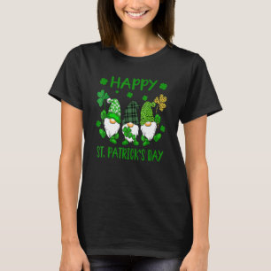 Three Gnomes Holding Shamrock Leopard Plaid St Pat T-Shirt
