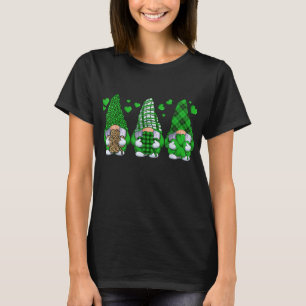Three Gnomes Holding Shamrock Leopard Plaid St Pat T-Shirt