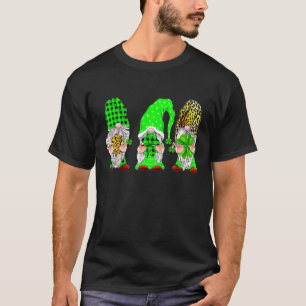 Three Gnomes Holding Shamrock Leopard Plaid St Pat T-Shirt
