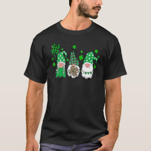 Three Gnomes Holding Shamrock Plaid Leopard St Pat T-Shirt