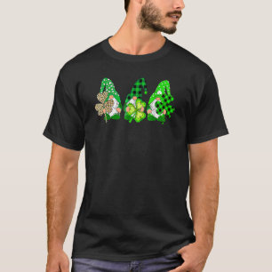 Three Gnomes Holding Shamrock Plaid Leopard St Pat T-Shirt