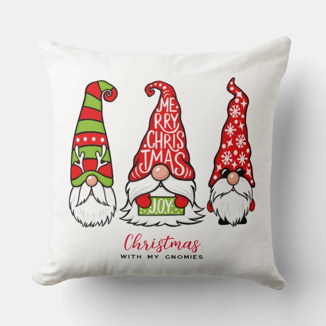 Three Gnomes Illustrations Merry Christmas Throw Pillow (Front)