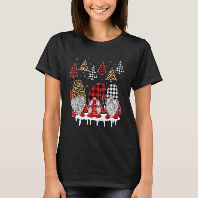Three Gnomes In Leopard Printed Buffalo Plaid Chri T-Shirt (Front)
