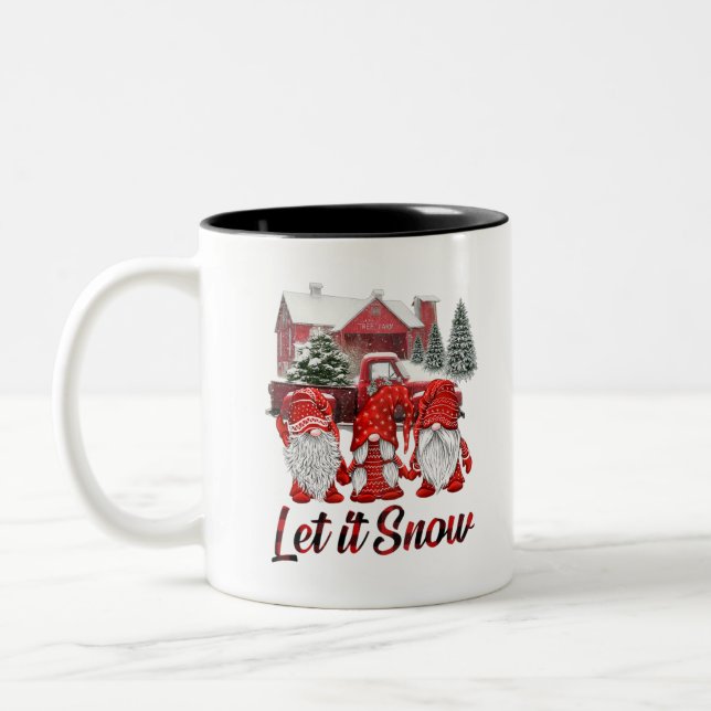 Three Gnomes In Red Let It Snow Gnome Christmas Two-Tone Coffee Mug (Left)