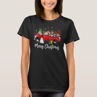 Three Gnomes in Red Truck With Merry Christmas Tre T-Shirt