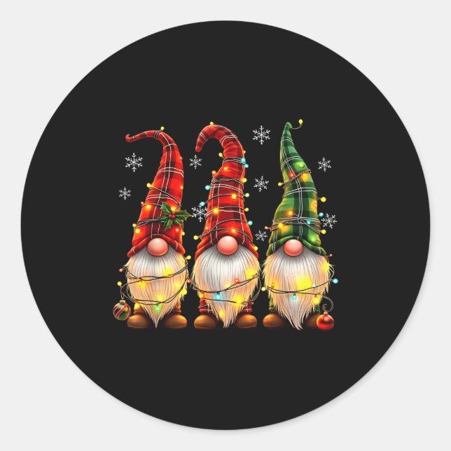 Three Gnomes Men Women Buffalo Plaid Red Christmas Classic Round Sticker (Front)