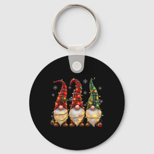 Three Gnomes Men Women Buffalo Plaid Red Christmas Keychain