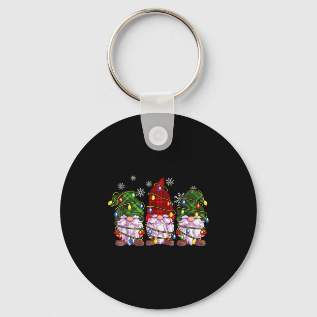 Three Gnomes Men Women Buffalo Plaid Red Christmas Keychain (Front)