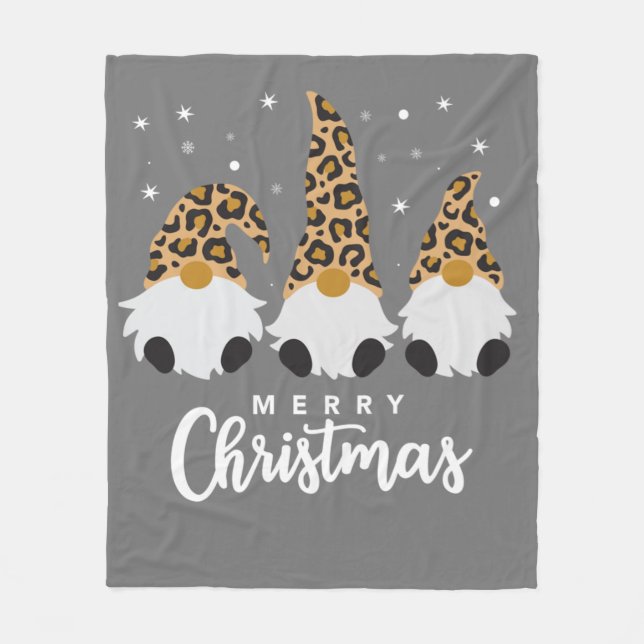Three Gnomes With Leopard Plaid Gnome Christmas Fleece Blanket (Front)