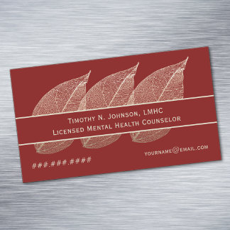 Three Golden Leaves on Maroon Counselor Therapist Magnetic Business Card