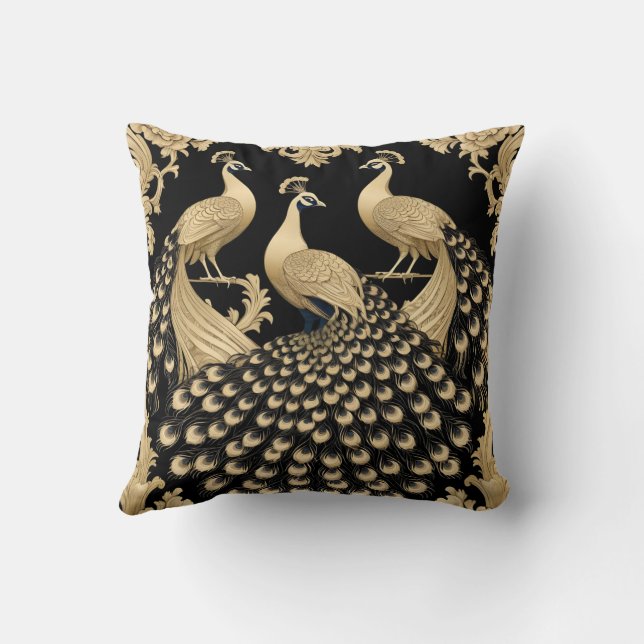 Three golden peacocks throw pillow (Back)