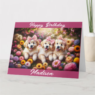 Three Golden Retriever Puppies with Flowers Card