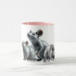 Three gray 3D mice are looking to eat. Mug