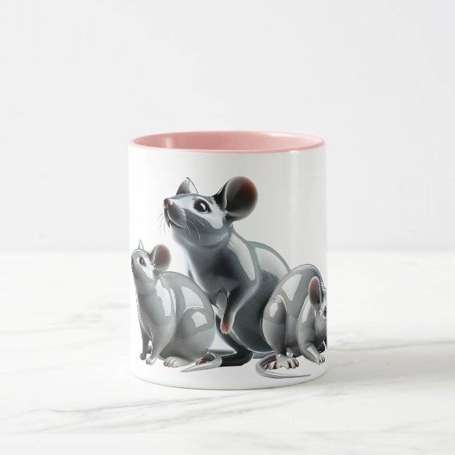 Three gray 3D mice are looking to eat. Mug (Center)