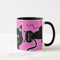 Three Green-Eyed Black Cats Retro Drawing