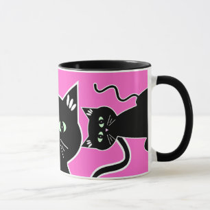 Three Green-Eyed Black Cats Retro Drawing Mug