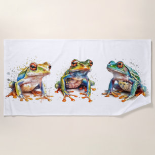 Three green little froggies in water colour  beach towel