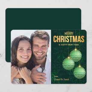Three Green Tree Bulbs Snowflake Photo Christmas Holiday Card