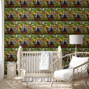 Three Grey And White Mice In Flower Pots, Wallpaper