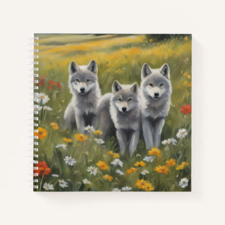 Three grey wolf pups waiting for mischief  notebook