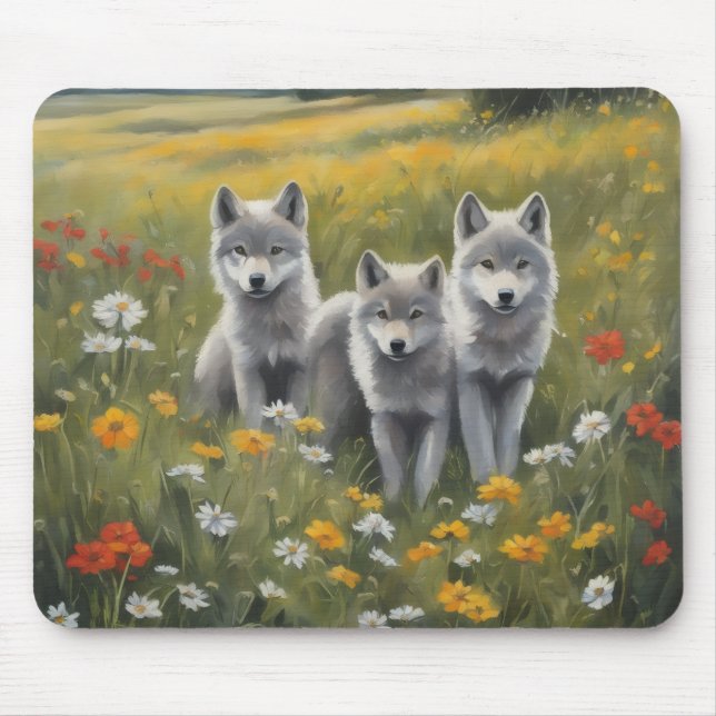 Three grey wolf pups watching for mischief mouse pad (Front)