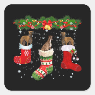 Three Greyhound Dog In Sock Christmas Santa Square Sticker