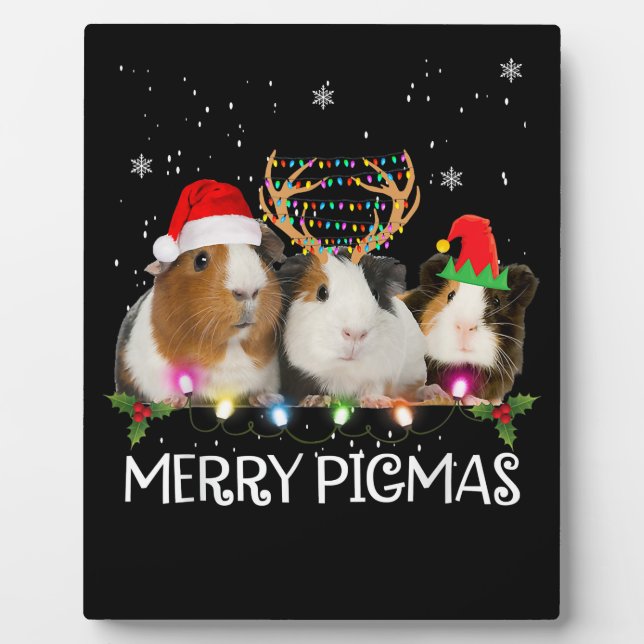 Three Guinea Pig Christmas Lights Santa Hat Xmas Plaque (Front)