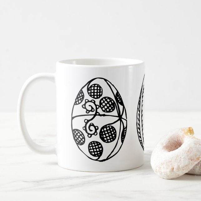 Three Hand Drawn Fancy Easter Eggs Illustration Coffee Mug (With Donut)