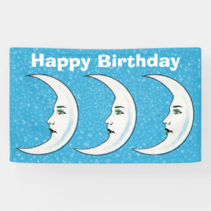 Three Happy Birthday White Crescent Moon Faces Banner