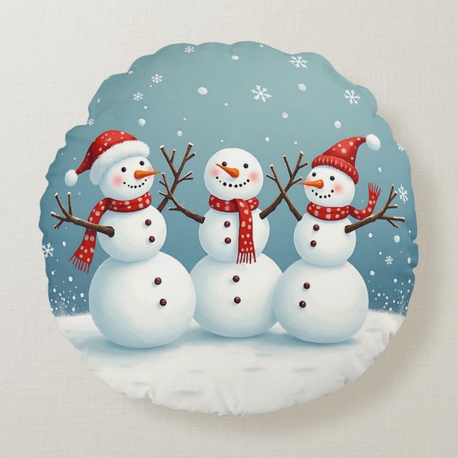Three happy Christmas snowmen Round Pillow (Front)