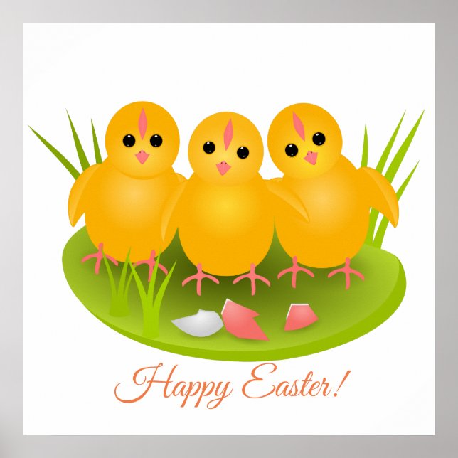 Three Happy Easter yellow chickens Poster (Front)