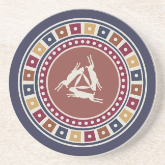 three hares motif and vintage geometry pattern coaster