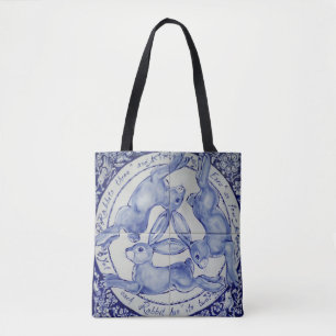 Three Hares Rabbit Blue & White Medallion Bird Tote Bag
