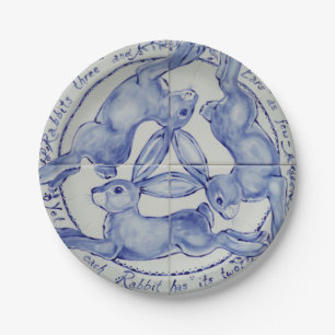Three Hares Rabbit Blue & White Medallion Tiled Paper Plate
