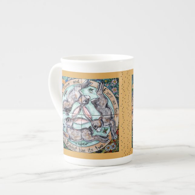 Three Hares Rabbit Four Seasons Gold Whimsical Bone China Mug (Front Left)