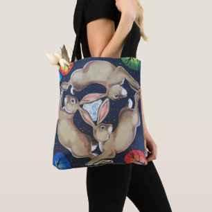 Three Hares Rabbit Moon Mystical Symbol Blue Star Tote Bag