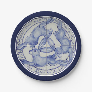 Three Hares Rabbits Blue White Tile Medallion Paper Plate