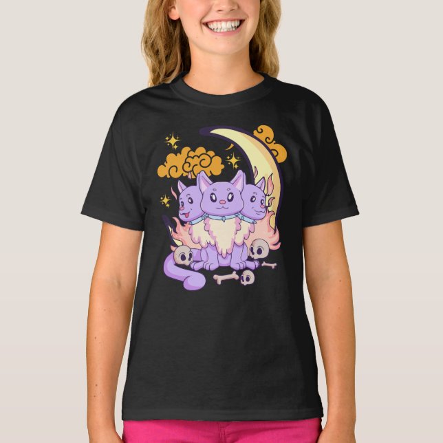 Three-Headed Cat Goth Magical Emo T-Shirt (Front)
