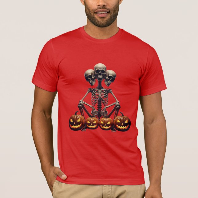Three Headed Skeleton & Glowing Jack O Lanterns T-Shirt (Front)