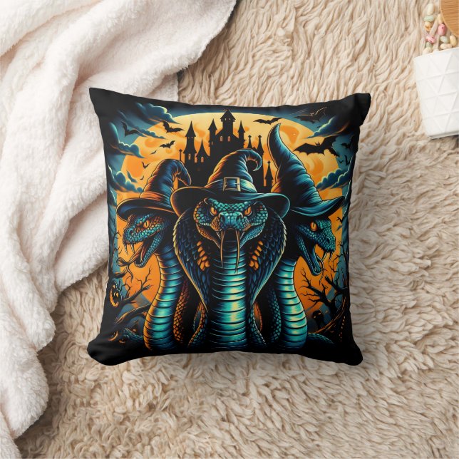 Three-headed snakes in a spooky Halloween night Throw Pillow (Blanket)
